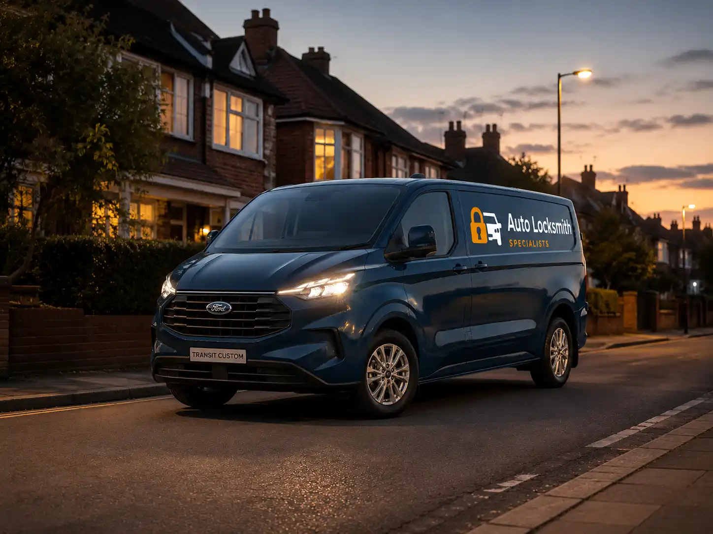 Auto Locksmith Specialists Ford Transit Custom van on a residential street at dusk