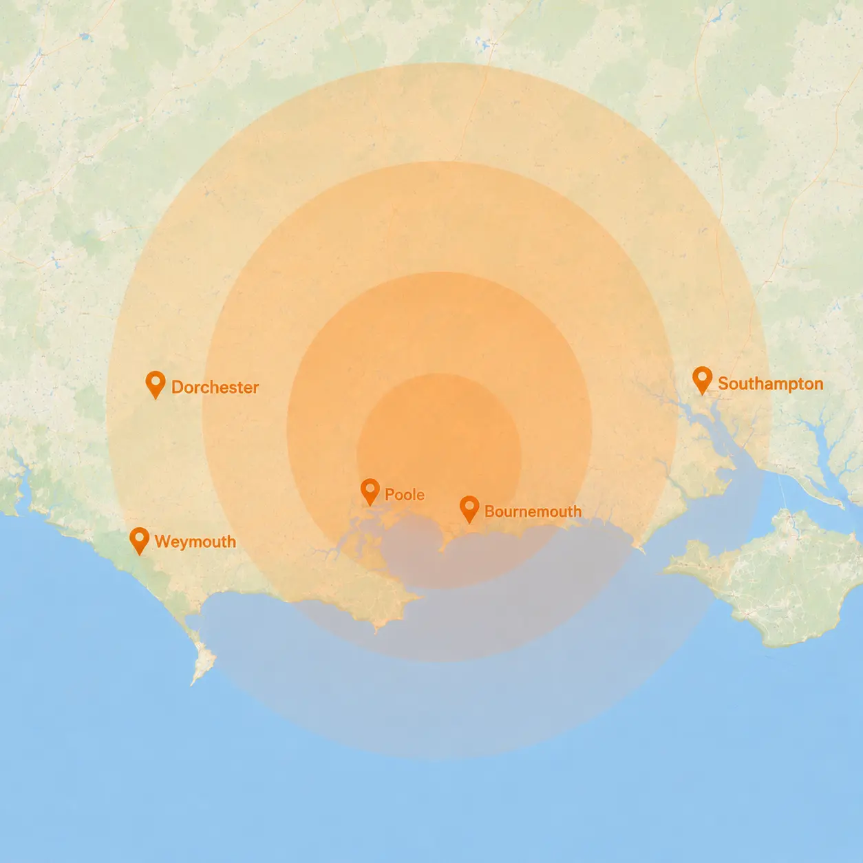 Coverage map showing Weymouth, Dorchester, Poole, Bournemouth and Southampton