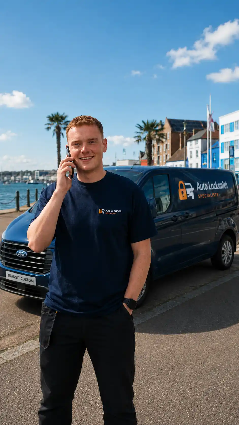 Matt on the phone in front of the Auto Locksmith Specialists van